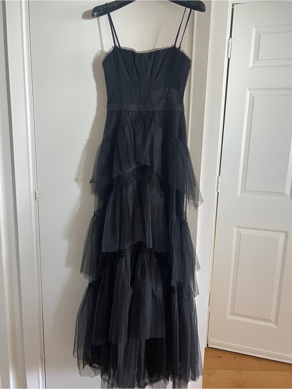 BCBGMaxAzria Black Tiered Tulle Spaghetti Strap Gown